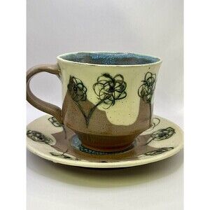 Handcrafted Cup And Saucer Blue Inside Tan And Brown Floral Signed